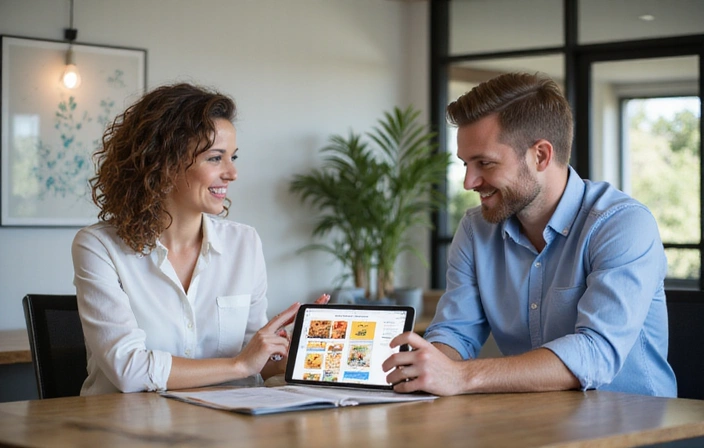 Nutrizionista che spiega un piano alimentare a un cliente con un tablet.